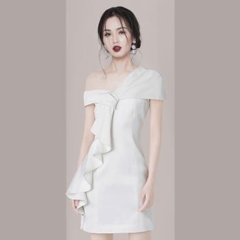 白色輕奢高級感法式性感氣質露肩晚禮服小個子連衣裙2023夏季新款