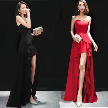 新娘敬酒服2019新款秋季時尚性感吊帶紅色長款修身結婚晚禮服裙女