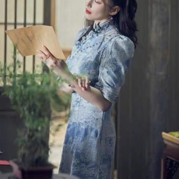 小眾復古中國風五分袖牛仔旗袍裙