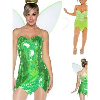 萬圣節綠色精靈服Cosplay角色扮演小叮當公主連衣裙含翅膀演出服