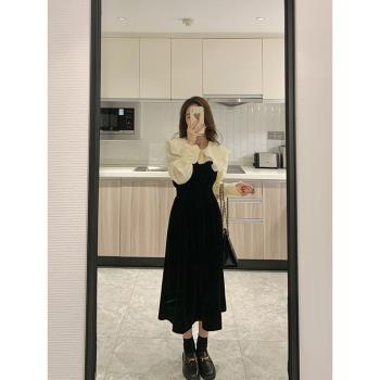 法式黑色金絲絨連衣裙子女驚艷高級感在逃公主年會生日小禮服秋冬