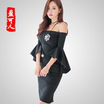 盈可人大碼一字領露背性感氣質晚禮服後開叉包臀荷葉邊時尚連衣裙
