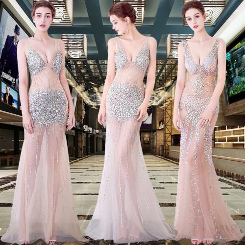 性感晚禮服女2025新款長款透視重工高端亮閃閃連衣裙夜場演出服