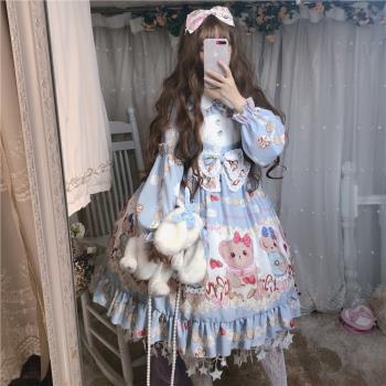 逗醬原創Lolita甜餅幹小熊草莓萌可愛秋冬洛麗塔長袖娃娃領連衣裙
