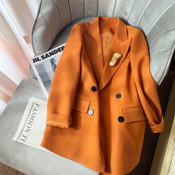 橙色毛呢大衣氣質雙排扣西裝外套