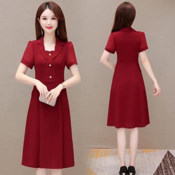 女裝新款流行氣質紅色棉麻連衣裙
