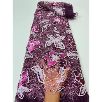 紫色蕾絲網紗布料時尚大花朵珠片葉子亮片刺繡面料禮服婚紗連衣裙