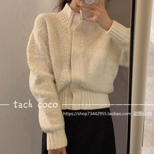 Tach Coco法式奶白色立領暗扣羊絨針織開衫外套女設計感長袖毛衣