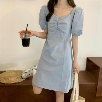 chic韓國夏季溫柔顯瘦藍色連衣裙