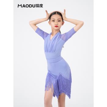 兒童拉丁舞服女童夏練功服演出規定比賽服短袖專業少兒流蘇連衣裙