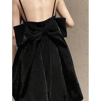 法式黑色蝴蝶結金絲絨吊帶連衣裙女驚艷高級氛圍感小禮服兩件套裝