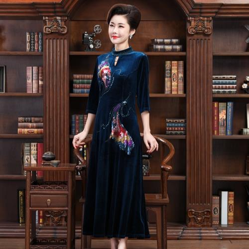 典云間高端女裝禮服秋冬釘珠紅色長裙大氣優雅媽媽婚禮婚宴連衣裙