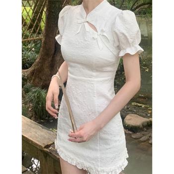新中式蝴蝶結國風高腰白色智熏裙