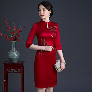 結婚禮真絲醋酸緞改良旗袍媽媽裝