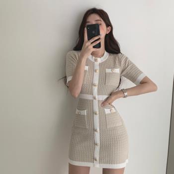 韓國chic配色修身高腰針織連衣裙