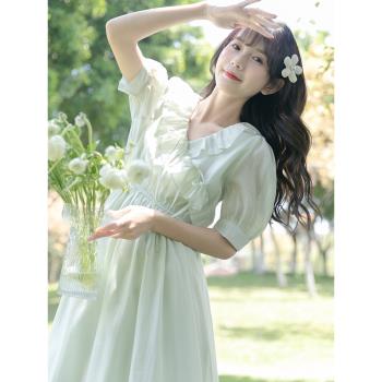 法式絕美v領連衣裙仙女夏季設計感小眾荷葉邊奶甜乖裙子溫柔收腰