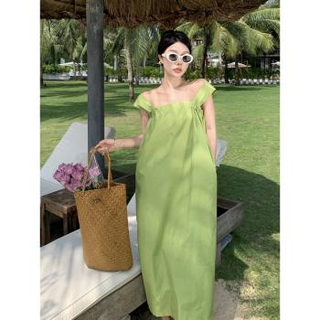 夏季孕婦設計感方領吊帶連衣裙綠色法式氣質孕媽露背抽褶背帶裙子