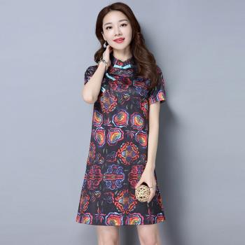 日常旗袍連衣裙短款顯瘦復古民國風改良禮服裙夏季立領花色中裙女