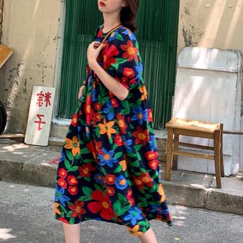 夏季氣質復古印花娃娃棉麻孕婦裝