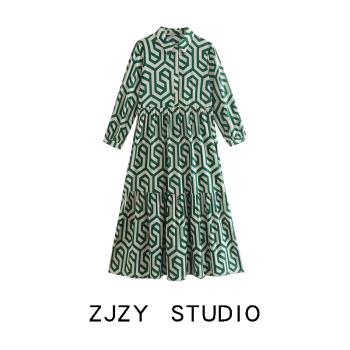 ZR歐美風長款幾何圖案印花連衣裙