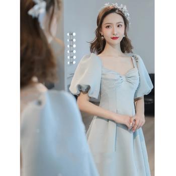 2023新款韓版藍色法式生日聚會主持人伴娘服平時可穿高階感晚禮服