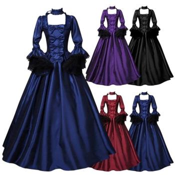 歐洲復古中世紀宮廷禮服裙外貿蕾絲拼接大喇叭袖貴族禮服連衣裙裝