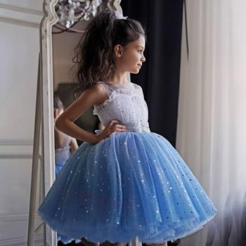 蓬蓬歐美女童網紗漸變藍公主裙