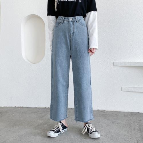 闊腿牛仔褲女大碼胖妹妹mm寬松高腰梨型身材穿搭遮胯直筒九分褲子