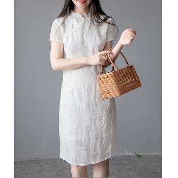 白色夏季薄款日常修身棉麻旗袍