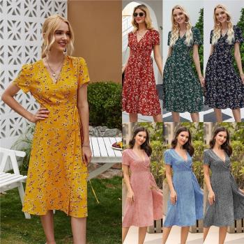 Women's 2020 summer lace-up slim floral dress