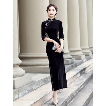 旗袍秋季新款改良版中袖長款復古上海黑色氣質年輕款女媽媽金絲絨