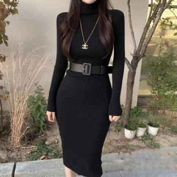 韓版黑色性感修身針織高領包臀裙