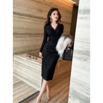 宴會小禮服平時可穿輕奢高級感黑色禮服女晚宴修身年會蕾絲連衣裙