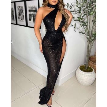 Lace Sexy Solid Color Long Dress Front Slit Sequins Commuter