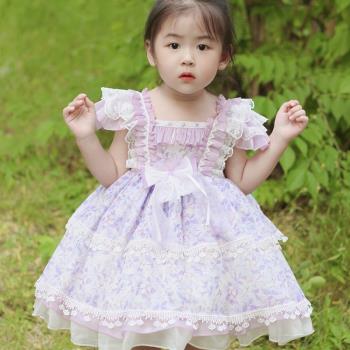 女童紫色碎花公主蓬蓬裙夏裝