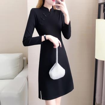小個子旗袍改良版連衣裙早秋季2024新款中國風修身顯瘦黑色裙子女