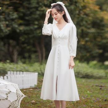 領證登記平時可穿法式小白裙服輕婚紗禮服訂婚秋天長袖緞面禮服女