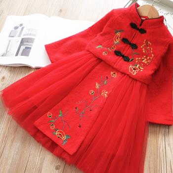 女童旗袍冬新年裝兒童中國風加絨連衣裙套裝女寶寶繡花唐裝拜年服