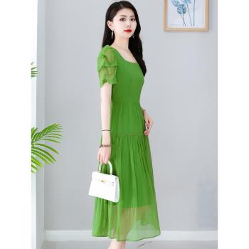 天絲連衣裙女夏季2023新款高端氣質名媛奢華女神范高級感綠色裙子