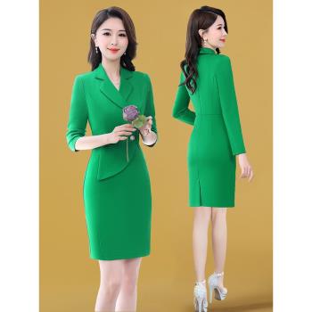 女裝今年流行綠色氣質職業連衣裙