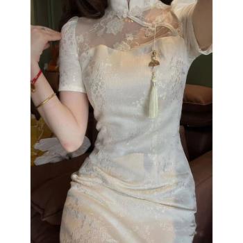 夏季白玫蕾絲提花高腰古風旗袍
