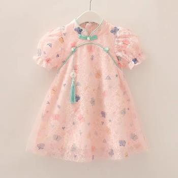 新款漢服夏裝2022古裝旗袍女童寶寶兒童中國風小童公主蕾絲連衣裙