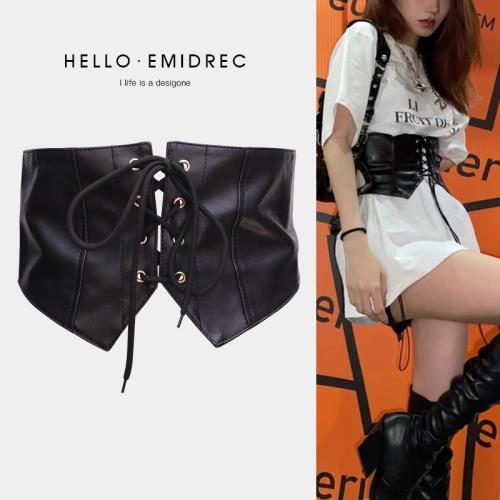 腰封女束腰外穿皮質黑色裝飾配裙子襯衫松緊寬腰帶復古哥特朋克風