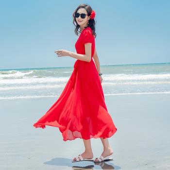 夏季雪紡連衣裙海邊度假海南三亞裙顯瘦時尚氣質紅色短袖沙灘長裙