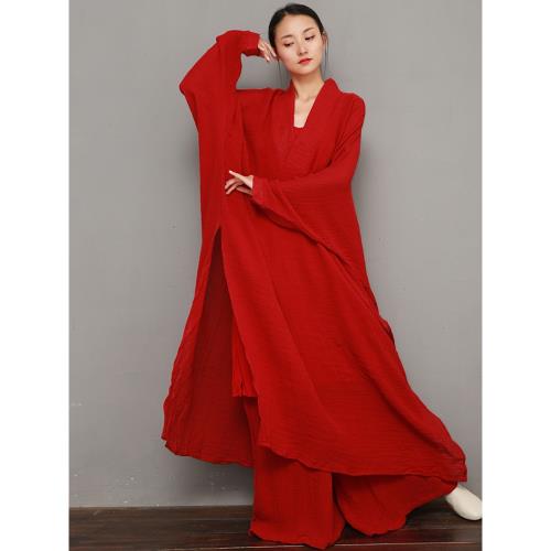 高端禪舞服裝套裝女中國風復古棉麻禪意寬松佛系袍子連衣裙禪修服