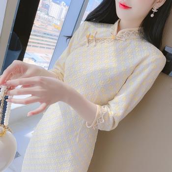 中國風改良旗袍年輕款少女感長款修身蕾絲連衣裙子春裝2023新中式