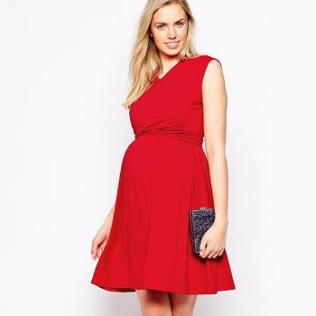 2023歐美夏季孕婦裝無袖時尚V領性感紅色外出孕婦連衣裙子工作服