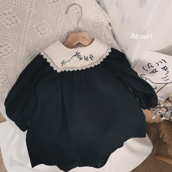 韓國女童寶寶寬松刺繡棉麻連衣裙