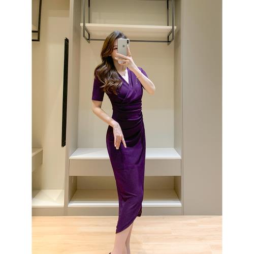 紫色新款V領墊肩開叉修身連衣裙