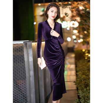 紫色高級感修身冬季絲絨晚禮服